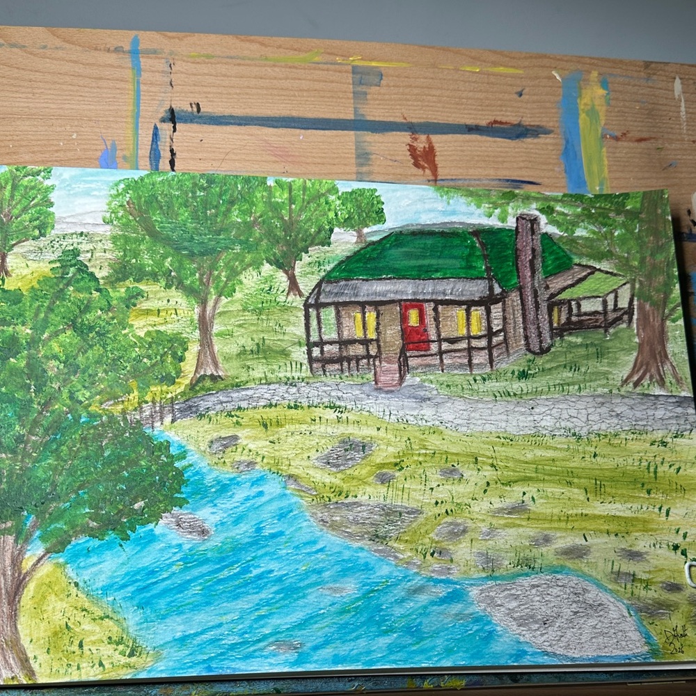 Charming Countryside Cottage Illustration with Green and Blue Accents